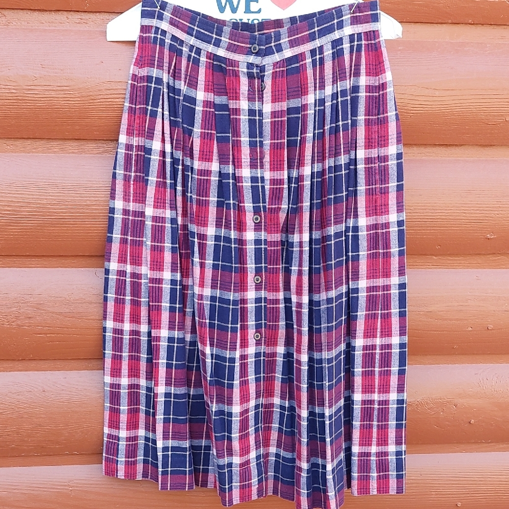 VTG Plaid Button-Front Skirt - Red and Blue Sportables 90s Acadmia